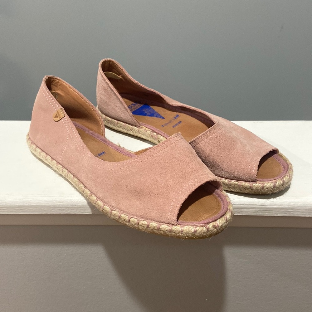 Verbenas Cruz Pink Suede Peep Toe Espadrille Flats Made in Spain Size 38